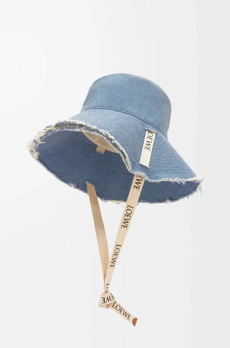 ausgefranste fischermütze aus denim und kalbsleder blauer denim