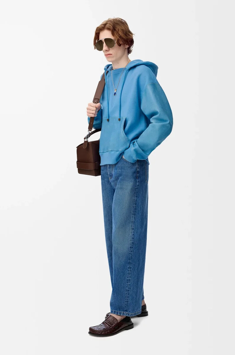 hybrid-hoodie aus baumwolle und nappa-lammleder blau