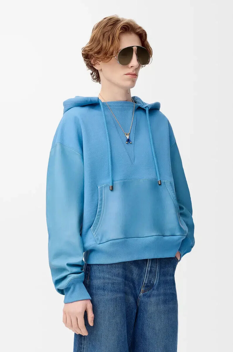 hybrid-hoodie aus baumwolle und nappa-lammleder blau