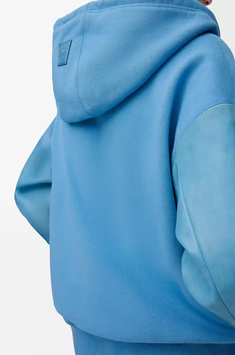 hybrid-hoodie aus baumwolle und nappa-lammleder blau